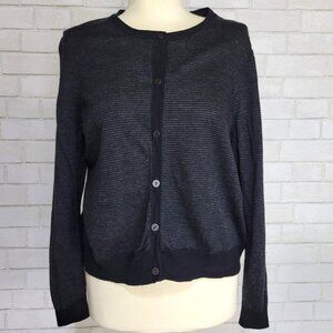 Eileen Fisher 100% Merino Wool Black Grey Striped Button Front Cardigan